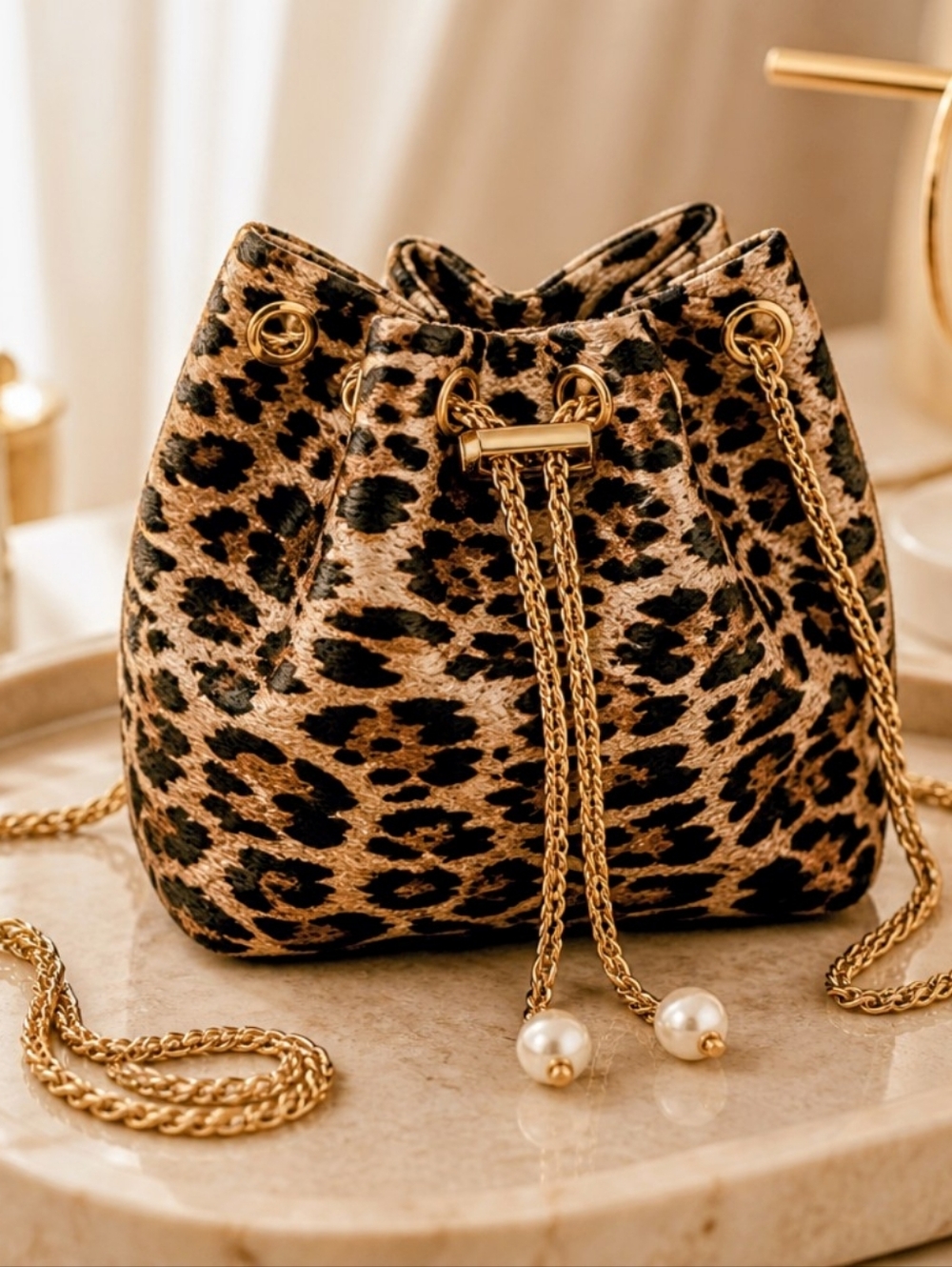 Leopard Print Drawstring Bucket Bag with Gold Chain